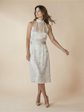Antonio Melani Champagne Gold Metallic Polka Dot Halter Dress Size 4